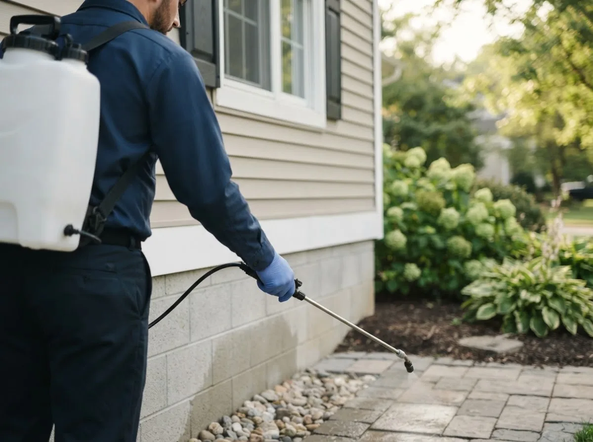 Pest control technician inspecting a home in Ironwood, MI